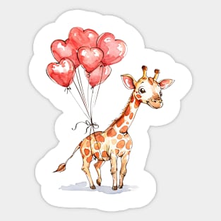 Valentine Giraffe Holding Heart Shaped Balloons Sticker